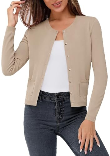 Aottori Cardigan Donna Corto Maniche Lunghe con Bottoni e Tasche Maglione in Maglia Girocollo Aperto Davanti Giacca Caldo Elasticizzato Maglieria Morbido Leggero Casual Cachi XXL