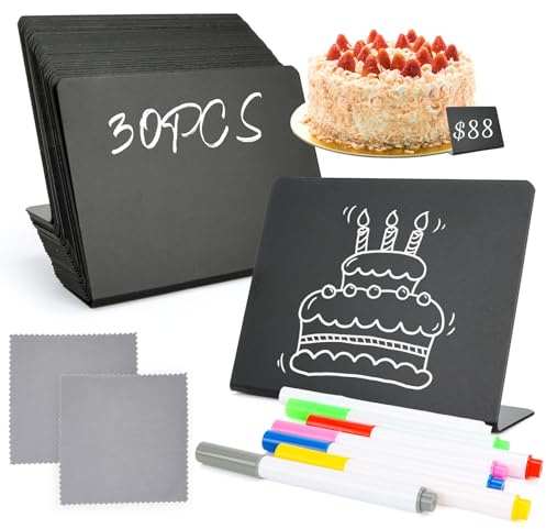 Bohrma 30 Stück Kreidetafel Klein, L-Form Preisschilder Aufsteller, 100x75mm Kleine Tafeln zum Beschriften mit 7 Stifte, Praktisches Zubehör für Bäckerei, Café, Hochzeit, Tischkarten, Buffet (Schwarz)