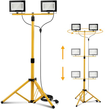 Eikuavons LED-byggspotlight 2 x 50 W med justerbart stativ IP66 för inomhus- och utomhusbruk, 6 500 K kall vit med 3 m kabel för byggarbetsplats, verkstad och källare