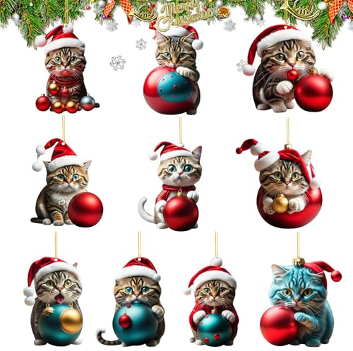 Axlyca Weihnachtsbaum Katzen Anhänger,10 Stück Christbaumschmuck Katzen,Lustige Weihnachtskugel Katze,Acryl Katze Weihnachtsbaum,Weihnachtsdeko Katze, für Auto,Taschen, Fenster,Christbaumanhänger