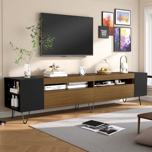 TV-bänk med dörrar, TV-underskåp med öppet fack, TV-skåp upp till 77 tum, TV-bord för vardagsrum, sovrum, 180 x 36 x 43 cm, svart och träfärg