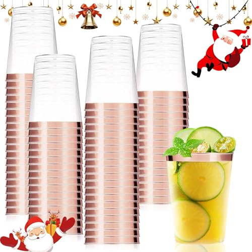 Auauraintt Lot De 50 Gobelets Transparents Avec Bord Or Rose En Rigide Réutilisables De 280 ml Pour Fête D'anniversaire, Mariage Et événements, Cocktail, Martini, Soda, Dessert