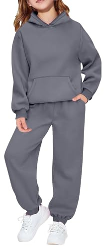 Kids Tracksuit Full Set for Boys Girls 2 Piece Sportwear Long Sleeve Oversized Hoodded Sweatshirts and Sweatpants Loose Tracksuit Bottoms Casual Jumper Gym Set Activewear (Dark Gray, 11-12 Years)