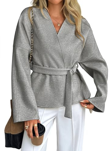 Generisch Winterjacke Damen Kurz Warm Wollmantel Damen Winter Übergangsjacke Elegant V Ausschnitt Trenchcoat Mit Gürtel Dicke Kurzmantel Wolle Curvy Wintermantel Einfarbig Frauen Herbstjacke