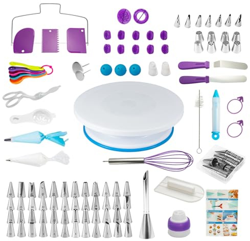 GREENSAPPIRE 137pcs Cake Decorating Kit Revolving Turntable Piping Purple | Complete Baking Supplies Set stainless nozzles fondant moulds spatulas reusable bags for cupcakes birthdays weddings