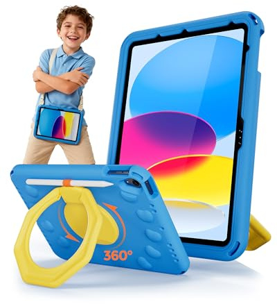 ProCase Coque Enfant Antichoc pour iPad 11 (A16)/10,9 10ème Génération/iPad Air 11 M4 M3/M2/Air 5ème/Air 4ème Génération, Housse EVA avec Support Rotatif, Bandoulière et Porte-Stylet -Bleu