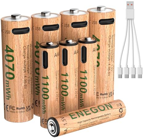 AKTTKA Batterie ricaricabili al litio AA/AAA 1,5 V, confezione da 8 (4 × AA 4070 mWh + 4 × AAA 1100 mWh), ricarica diretta USB-C, cavo da 1 a 4 inclusi, per telecomando/bilancia/termometro/controller