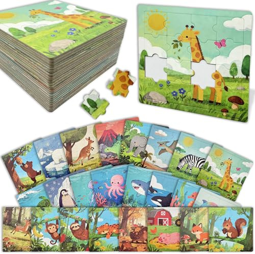 HahaMagic Puzzles for Kids, 24 Pack 16 Pieces Toddler Jigsaw Puzzles with Base Board, Individually Wrapped Animal Educational Toys for Party Favors Birthday Gifts Classroom Rewards