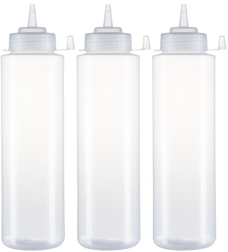 HR Hogar - Bouteille de sauce à presser, Bouteilles à presser réutilisables et recyclables - Sans BPA, distributeur avec bouchon anti-fuites sans goutte - Fabriqué en Europe (Transparent, 1 L - Lot de