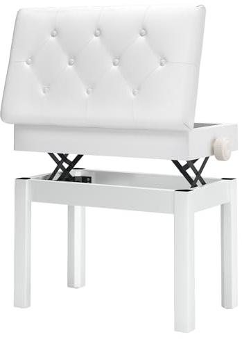 MAMIZO Klavierhocker Höhenverstellbar 48-58CM, Pianobank mit Stauraum | Klavierbank mit PU Lederkissen, Beine aus Massivholz, Klavierstuhl Piano Bench bis 150KG, mit 4 PCS Beinen, Weiß