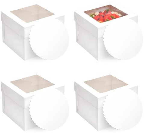 4 Pcs White Cake Boxes with Window and Cake Boards, 10 Inch Cakes Box, Cakes Containers with Removable Lids, Cardboard Square Baking Boxes, for Bakery, Cookies, Dessert, Wedding, Birthday Party