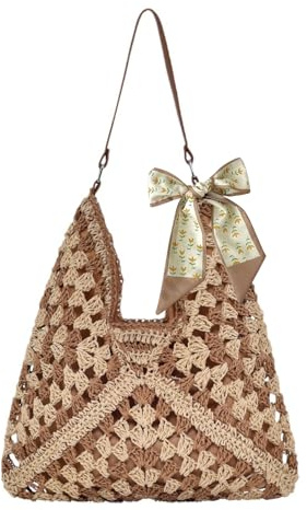 DAVBNM Straw Beach Bag for Women, Straw Shoulder Bag, Summer Tote Bags, Large Weave Handbags for Women, Casual Woven Travel Holiday Bags for Beach Vacation Outdoor Shopping Daily Use (Beige-2)
