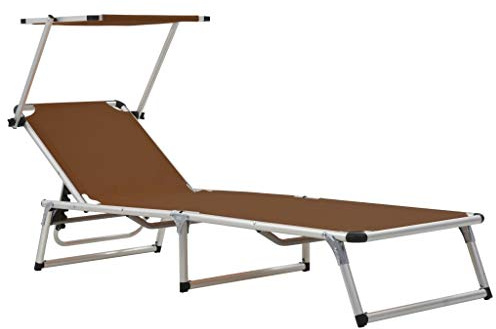 Fisinber Tumbona plegable con toldo, tumbona de jardín ajustable con marco de aluminio y tejido textileno, tumbona de tres patas para playa, jardín y balcón, 186 x 58 cm, color marrón