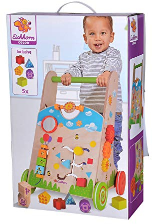 Eichhorn 100002253 - Bunter Spiel- und Lauflernwagen, 6 teilig, Sortierspiel, Drehspiel, Steckspiel und 5 Steckbausteine 33,5x32x51cm, Birkenholz