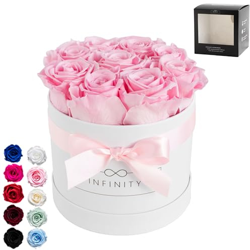 Infinity Flowerbox Medium - 9 echte Premiumrosen in Rosa - 3 Jahre haltbar ohne gießen | Handmade in Deutschland
