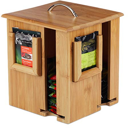 Relaxdays Tea Box, Contenitore Girevole, Coperchio Rimovibile, 4 Scomparti, 160 Bustine, 20,5x18x18 cm, Legno Naturale