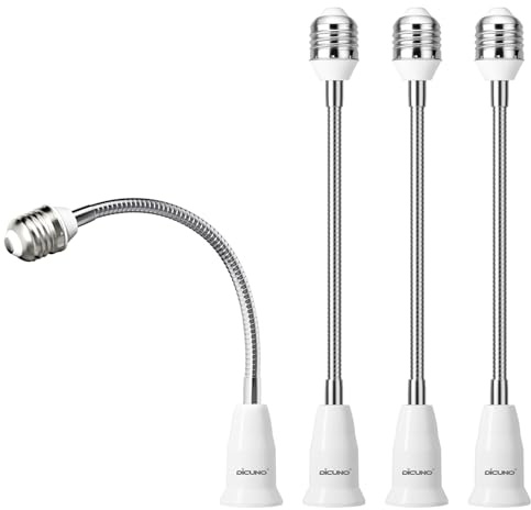 DiCUNO E26 to E26 Socket Extender (27.5CM/10.83 Inch Extension), Standard Screw Base, 165℃ Heat-Resistant No Fire Hazard, Maximum Wattage 200W, Bendable Light Bulb Extender Adapter, 4-Pack
