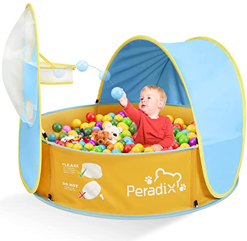 Peradix 4 in 1 Baby Planschbecken mit Dach,Baby Zelt Pop Up Bällebad mit Basketballkorb(Kein Ball),Babypool mit Ssonnenschutz für Jahre, Babyplanschbecken Indoor Outdoor Strand Baldachin Zelt
