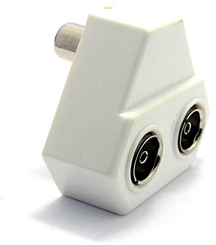 1STec 90° Right Angled 2 Way Standard Coax Connector Roof Top Aerial Wire Wall Outlet Splitter for UHF Freeview Digital TV with Push in Coaxial Male Plug that Creates Twin Female Line Out Sockets