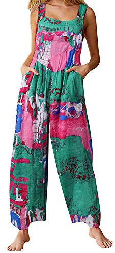 Achlibe Summer Casual Womens Sleeveless Boho Floral Baggy Overall Long Jumpsuit Playsuit Trousers Pants Dungarees Rompers Green