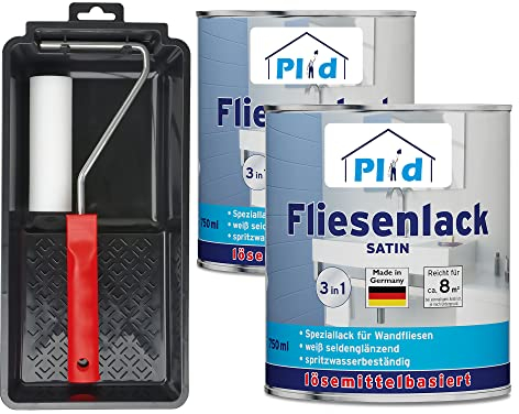 Plid® Fliesenfarbe Badezimmer & Küche [FEUCHTIGKEITSBESTÄNDIG] Fliesenlack Weiß satin 1,5l fürs Bad - Fliesen neu streichen & lackieren im Innenbereich - 3in1 Fliesen Farbe Lack - Made in Germany Set