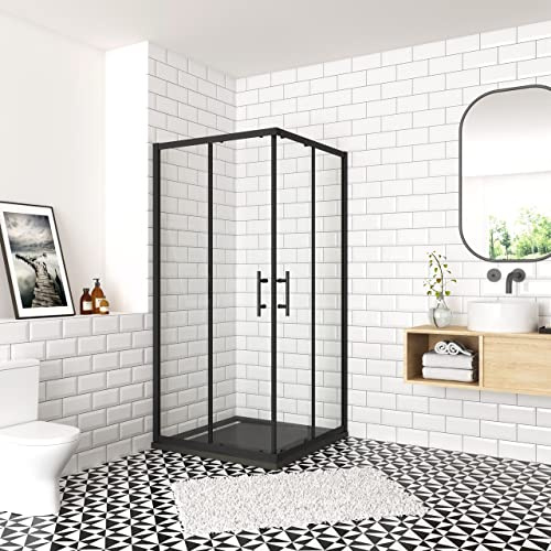 Box Doccia Angolare Porta Scorrevole 90x80x190 cm Vetro Temperato Trasparente 6 mm Easyclean Anticalcare Telaio Nero Opaco