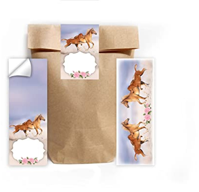 Junapack 12 Lesezeichen + 12 Geschenktüten (Natur) + 12 Aufkleber Pferd mit Fohlen Mitgebsel Gastgeschenk beim Kindergeburtstag Mädchen