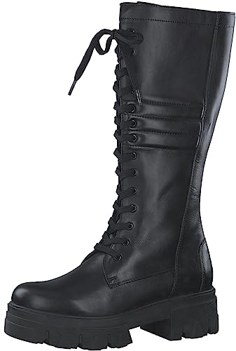 MARCO TOZZI Damen Langschaftstiefel ohne Absatz aus Leder Plateau, Schwarz (Black), 39