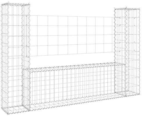 XIAOGUANG Gabionenkorb U-Form mit 2 Säulen, Gabionen Zaun, Steinkorb Gabione, Gabionenwand, Gabionen Pflanzkübel, Gabionen-hochbeet, Eisen 140x20x100 cm