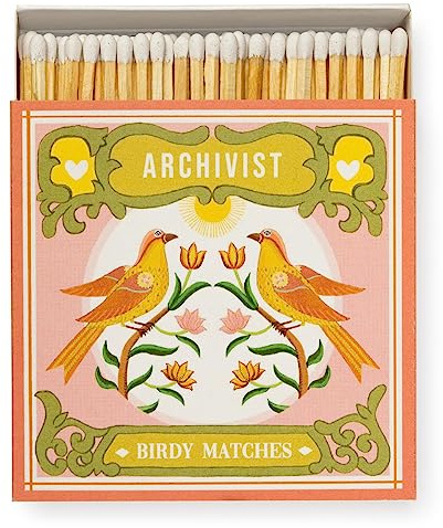 Pink Yellow Birdy Long Matches, Luxury Giant Square Art Matchbox, White Tipped Coloured Large Matchsticks, Fireside Housewarming Gift Retro