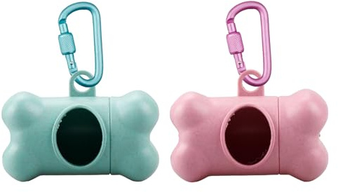 Rumyve Hundebeutelspender in Knochenform, leichter Hundekotbeutelhalter mit Karabiner, tragbarer Kotbeutelspender, Haustierspender, Outdoor-Zubehör für Hunde, Rosa + Blau, 2 Stück
