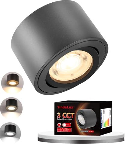 YindaLux 1x 3CCT Spots de Plafond Noir - Extra plat & pivotant à 30° - Ø80x50mm - Spot en saillie Orientable - 5W 500LM - Dimmable Module LED 230V Inclus - Aluminium LED Plafonnier Spot