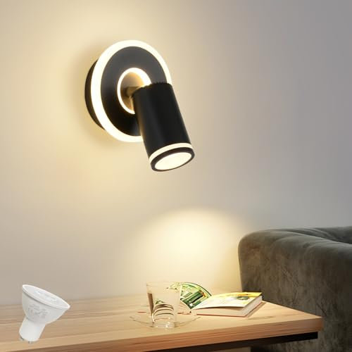 SANSHI 1 Spot Rond Applique Murale Orientable,LED Interieur Pivotants 350° Plafonnier Lampe,Spot Mural avec lueur inférieure 9W+1x5W GU10,Blanc Chaud 3000K Spots de Plafond pour Salon Chambre,Noir