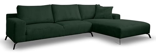 Ecksofa mit Schlaffunktion Aspen, Grün Cordstoff, Ottomane Rechts | Sofa mit Bettkasten, Schlaffläche 150 x 270 cm, inkl. Kissen & Aufbauanleitung