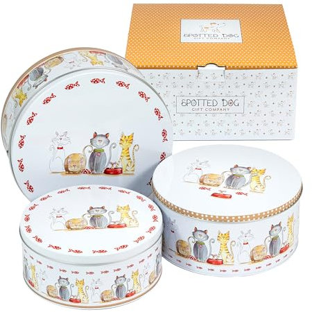 SPOTTED DOG GIFT COMPANY Set di 3 Scatole di Latta, Contenitori Impilabili per Biscotti in Metallo, Barattoli di Latta Rotondi Ermetici per Conservare Torte e Alimenti, Piccoli Medi Grandi - Gatti