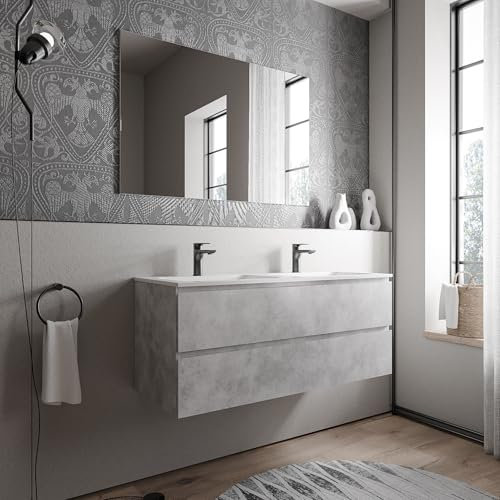 Bernstein Badmöbel-Set AVA 120cm bestehend aus Mineralguss-Doppel-Waschbecken mit Unterschrank in Beton, Waschtisch Bruxelles - Weiß matt mit Hahnloch, Ideal für große Bäder