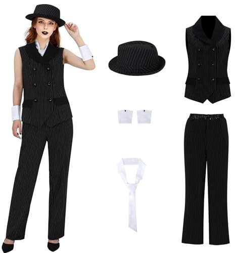 LIKUNGOU Ladies Mafia Pinstripe Costume Women 1920s Gangster Fancy Dress Set Outfit Halloween Carnival Party Suit (L)