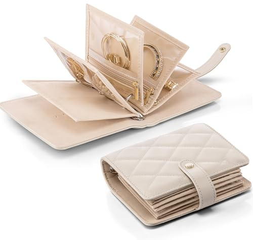 VLANDO Mini Travel Jewelry Organizer Case,Portable Jewelry Organizers Storage Book with Clear Zipper Velvet Jewelry Pouch Bag for Travel Essentials,Ring,Earring-Cream White