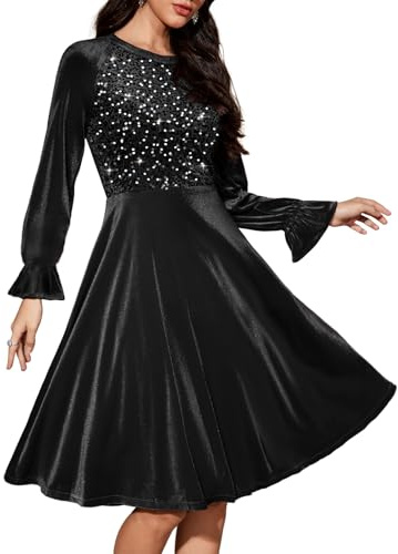 Bbonlinedress Vestido de cóctel de manga larga con lentejuelas de terciopelo para mujer, vestido de terciopelo vintage para invitada de boda, vestido midi, Negro, XXL