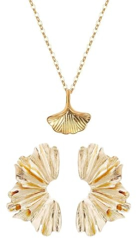 1 Paire De Boucles D'Oreilles En Forme D'Éventail, 1 Collier Ginkgo, Design Élégant Et De Haute Qualité, Léger Et Confortable À Porter, Ajoute De L'Élégance, Convient Aux Femmes Et Aux Filles