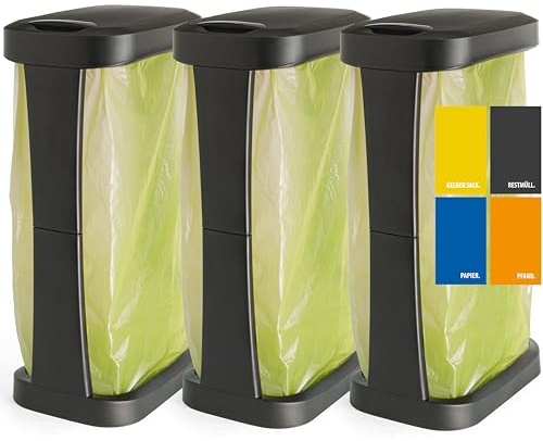 Hausfelder Müllsackständer Set, 3er Set, 60 l, Schwarz | 3er Set, 60 l, für Camping, mit Deckel, Müllsackständer, Gelber, fach, Müllsackhalter, geeignet, schwarz