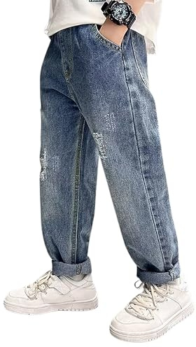 Rolanko Jeans Strappati in Vita Elasticizzata per Ragazzi, Pantaloni in Denim retrò con Design a Gamba Affusolata con Tasche per vestibilità per Bambini, Blu SmallHole, Taglia: 160