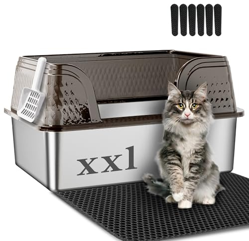Suhaco Edelstahl Katzenstreu Box mit Deckel Kitty Schwarze Katzenstreu Matte und weißer Scoop Inklusive Covered Metal High Sided Abnehmbare große Katzenstreu Box Gehäuse 60×40×30(Schwarz XXL)