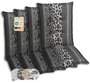 GO-DE Textil Bequeme und attraktive Polsterauflagen für Mittellehner-Gartenstühle (4er-Set, Leopard anthrazit, Mittellehner)