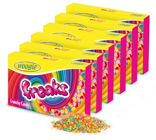 Woogie Freaks Zucker-Dragees 6er Pack (6x150g) – Bunte, fruchtige Mini-Dragees in 5 Sorten mit knackiger Zuckerschicht – Für Partys, Kindergeburtstag, Kino, Halloween, Backdeko & zum Naschen unterwegs