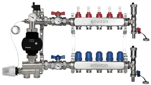 ENVIRON - Distributore circuito di riscaldamento [2-12 circuiti di riscaldamento] con set di regolazioni fisse, set valvole a sfera e kit di sfiato rapido | pompa ad alta efficienza (Wilo Para STG