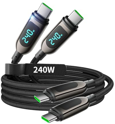 VisionSync Câble USB C vers USB C 240W, 6.6ft, Lot de 2, Noir | Câble de charge rapide Type C en nylon tressé avec affichage LED pour iPhone 17/16 Pro Max, Samsung S26/S25 Ultra, MacBook, i