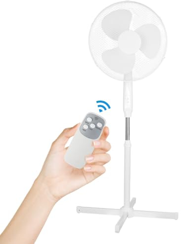 GadgetHaven 16-Inch Pedestal Floor Fan with Oscillating Blades, Remote Control, Timer, Tilted Head, and 3 Speed Settings - Sleek Design (White)