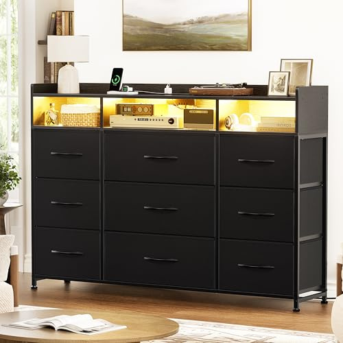 Mossora Kommode mit Ladestation und LED-Beleuchtung, TV-Kommode mit 9 Stoffschublade, Aufbewahrungsschrank mit Holzplatte für Schlafzimmer, Wohnzimmer, Flur, Schwarz