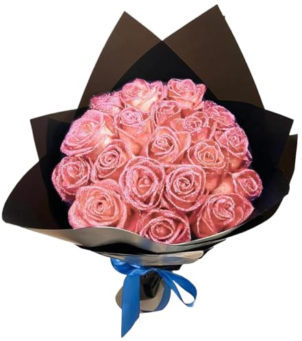 Hbbgdiy 1 Set Glitter Roses Bouquet mit 12 künstlichen roten Rosen, 12 Stielen, 2 Wickelpapieren und 2 Bändern, ewige romantische Hochzeit Valentinstagdekoration